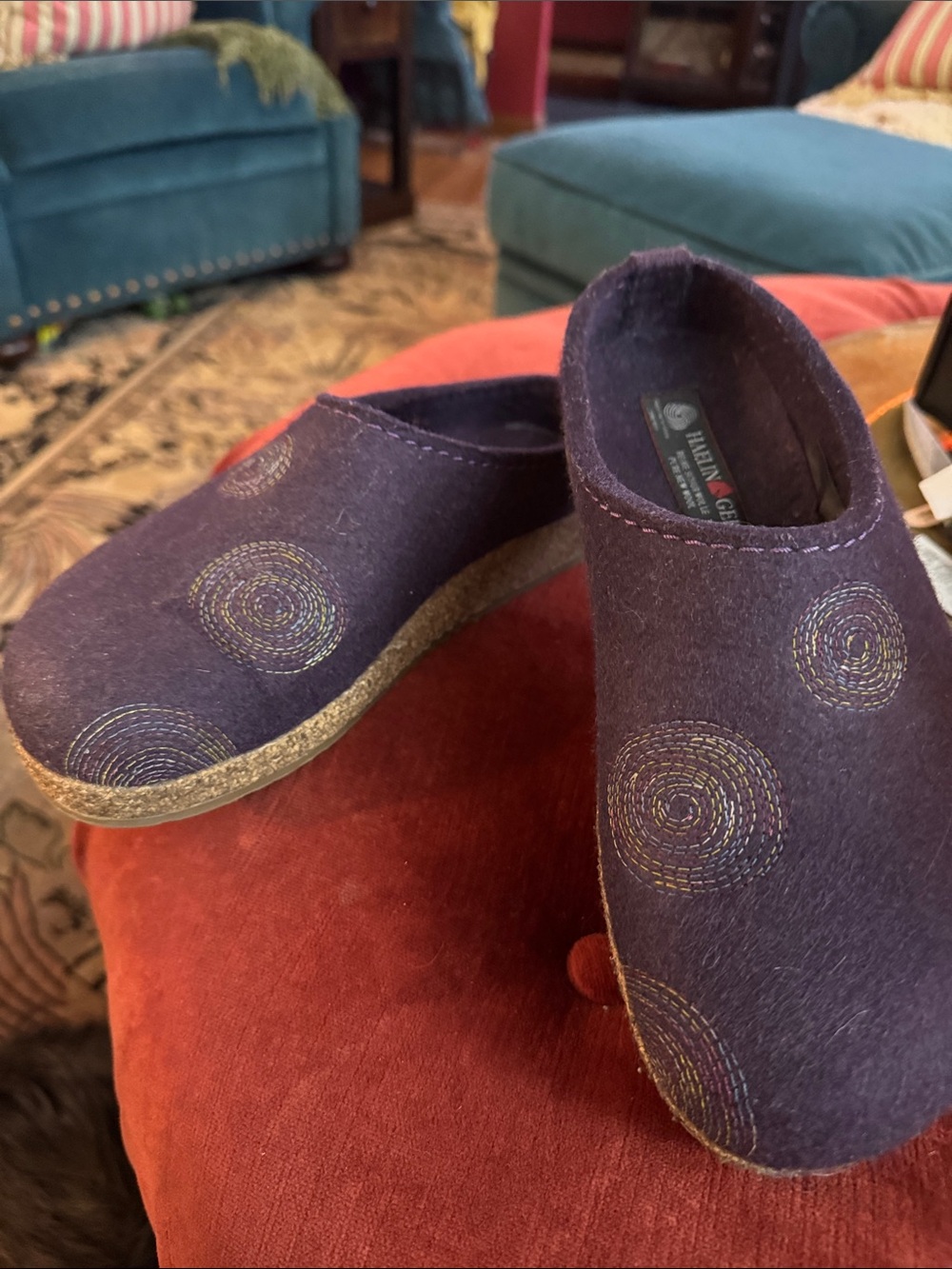 Haflinger Purple Felt Slip-On Mules with Circular Stitch Accents